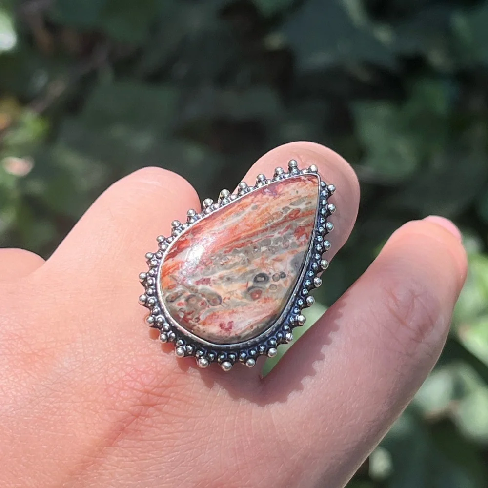 Size 8.25 925‎ silver plated leopard skin jasper ring